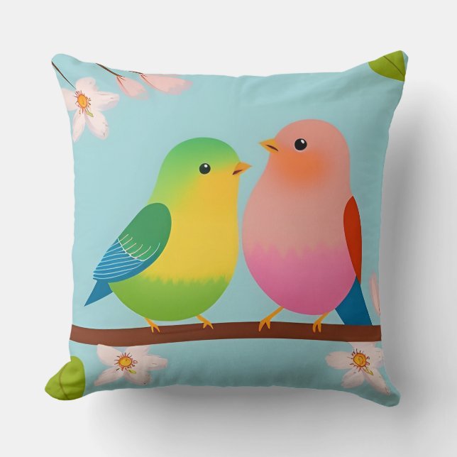 🐦 Cartoon Branch Birds Throw Pillow Cozy Decor 🌿 (Front)