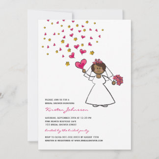 Cartoon Bride Fuchsia Hearts Flowers Bridal Shower Invitation