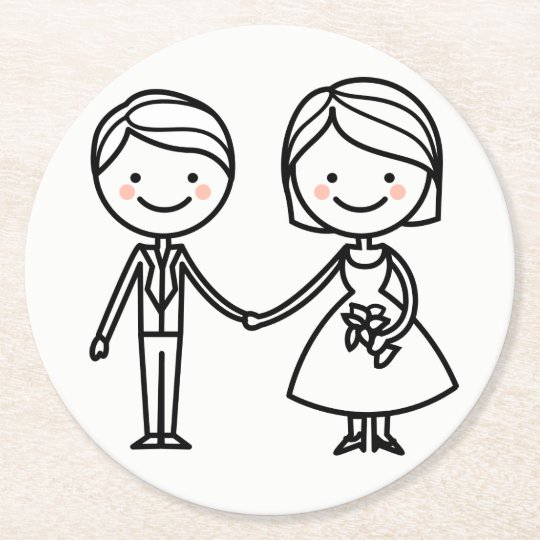 Cartoon Bride Groom Black And White Wedding Round Paper Coaster