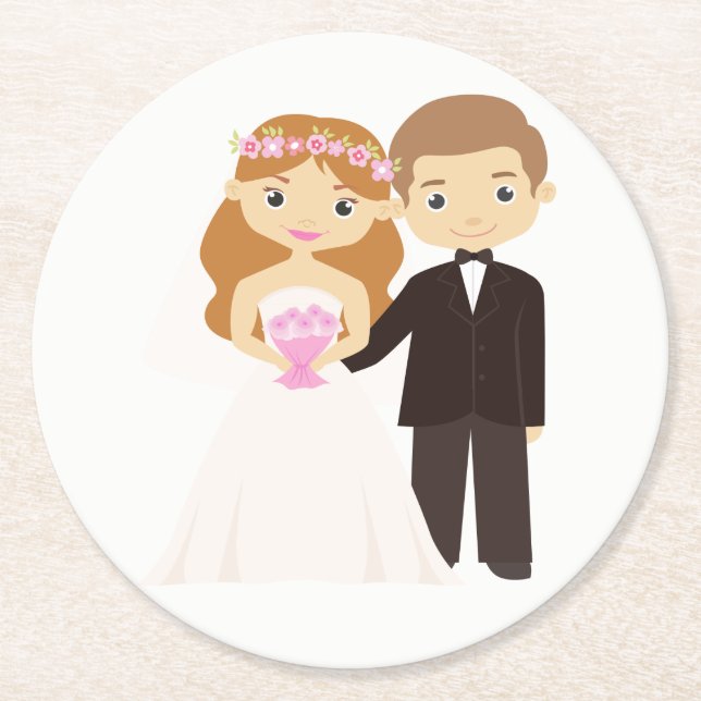 Cartoon Bride & Groom Black And White Wedding Round Paper Coaster (Front)