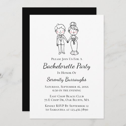 Cartoon Bride Groom Black Bachelorette Party Invitation