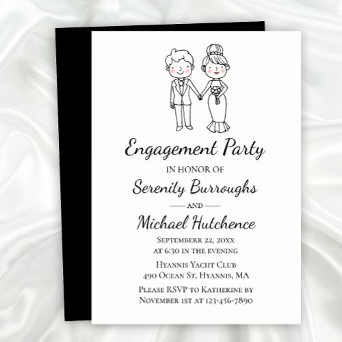Cartoon Bride Groom Black Wedding Engagement Party Invitation