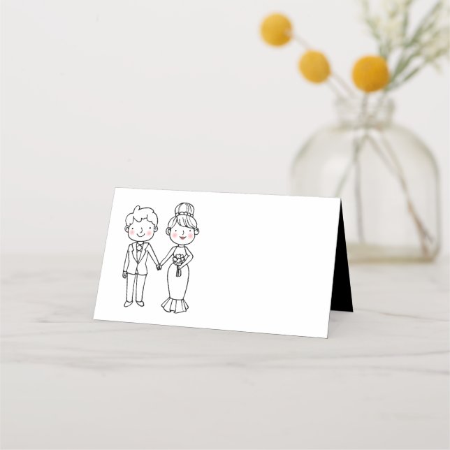 Cartoon Bride Groom Black Wedding Party Place Card (Front)