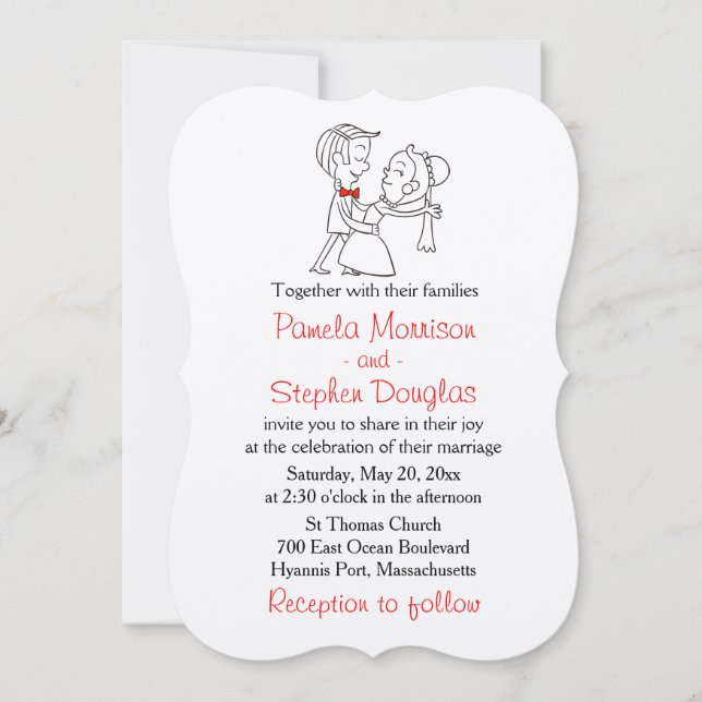 Cartoon Bride & Groom Black, White & Red Wedding Invitation (Front)