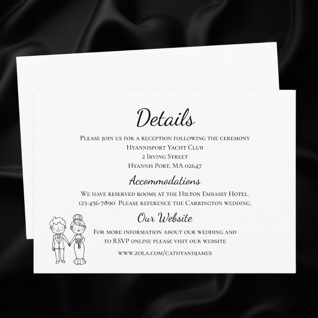 Cartoon Bride Groom Black White Wedding Details Enclosure Card (Creator Uploaded)