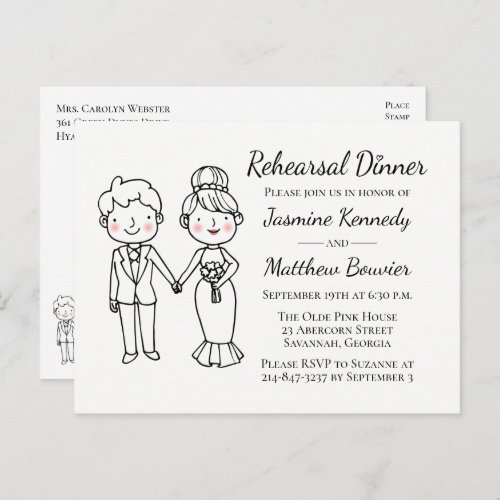 Cartoon Bride Groom Black White Wedding Rehearsal  Invitation Postcard