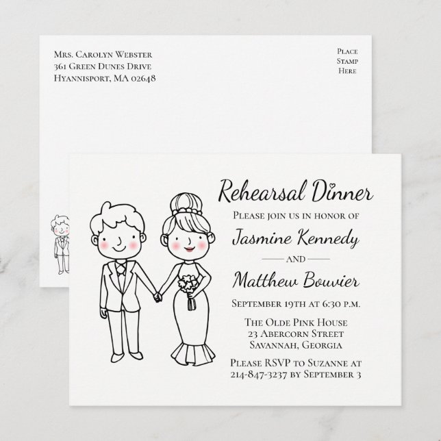 Cartoon Bride Groom Black White Wedding Rehearsal  Invitation Postcard (Front/Back)