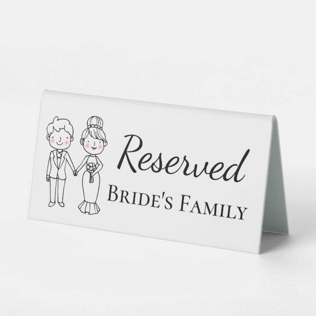 Cartoon Bride Groom Brides Family Reserved Wedding Table Tent (Front)