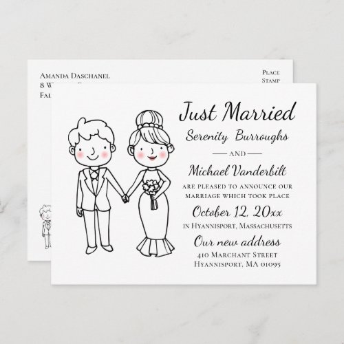 Cartoon Bride Groom Just Married Wedding  Announcement Postcard