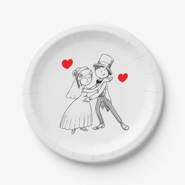 Cartoon Bride Groom Just Married Wedding Black Red Paper Plates (Front)