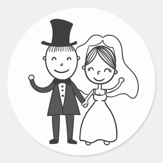 Cartoon Bride Groom Just Married Wedding Classic Round Sticker