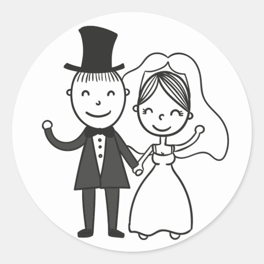 Cartoon Bride Groom Just Married Wedding Classic Round Sticker