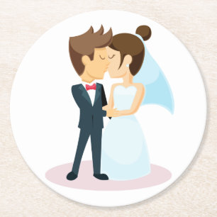 Cartoon Bride & Groom Kissing Wedding Round Paper Coaster