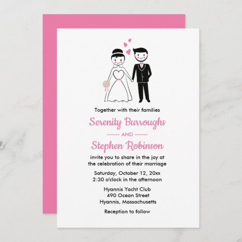 Cartoon Bride Groom Pink Black Vintage Wedding Invitation