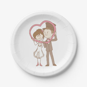 Cartoon Bride Groom Pink Brown Wedding Engagement Paper Plates