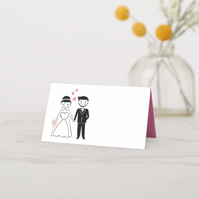 Cartoon Bride Groom Pink Wedding Party Place Card (Front)
