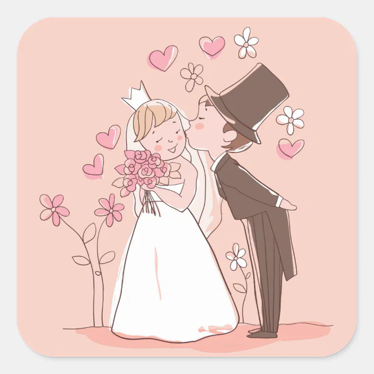 cartoon bride and groom kissing