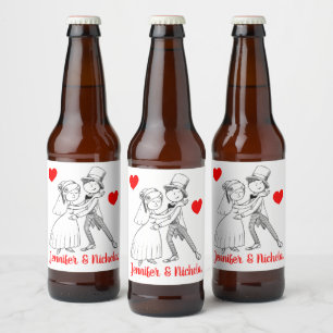 Cartoon Bride Groom Red Black Wedding Just Married Beer Bottle Label
