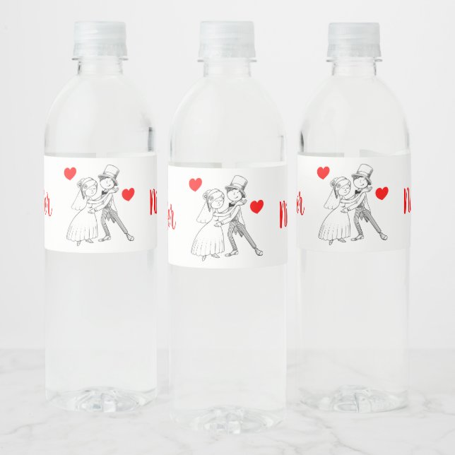 Cartoon Bride Groom Red Black Wedding Just Married Water Bottle Label (Bottles)