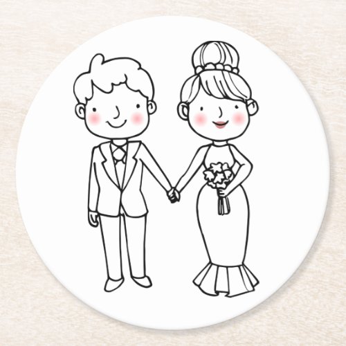 Cartoon Bride Groom Thank You Whimsical Wedding Round Paper Coaster