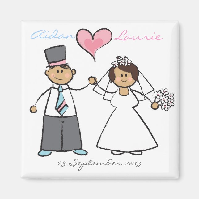 Cartoon Bride & Groom Wedding Couple Save The Date Magnet (Front)