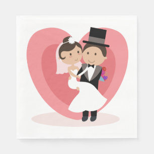 Cartoon Bride Groom Wedding Just Married Heart Napkins