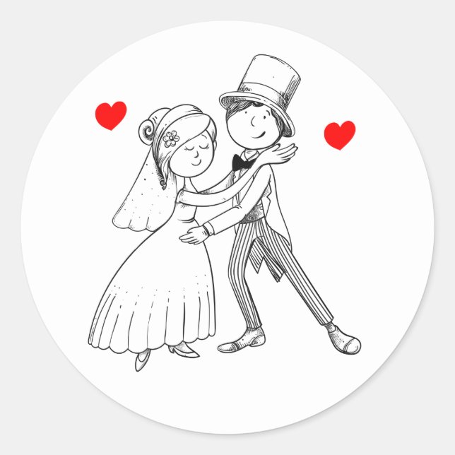 Cartoon Bride Groom Wedding Red Black White Classic Round Sticker (Front)