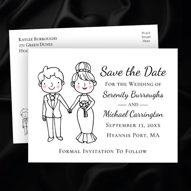 Cartoon Bride Groom Wedding Save The Date Wedding Postcard (Creator Uploaded)