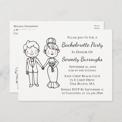 Cartoon Bride Groom Whimsical Bachelorette Party Invitation Postcard