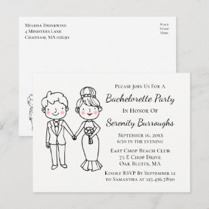 Cartoon Bride Groom Whimsical Bachelorette Party Invitation Postcard