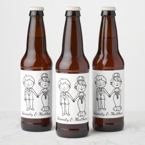Cartoon Bride Groom Whimsical Black White Wedding Beer Bottle Label