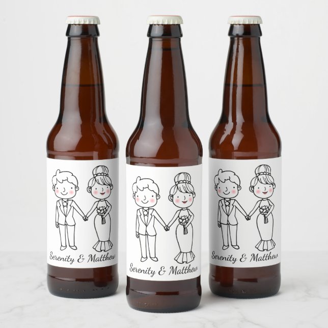 Cartoon Bride Groom Whimsical Black White Wedding Beer Bottle Label (Bottles)