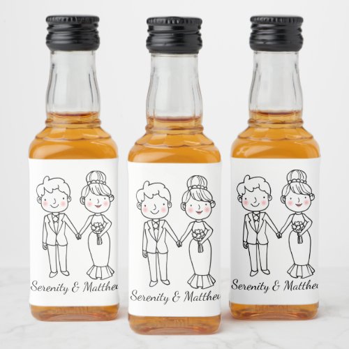 Cartoon Bride Groom Whimsical Black White Wedding Liquor Bottle Label