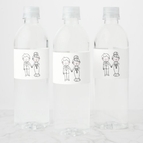 Cartoon Bride Groom Whimsical Black White Wedding Water Bottle Label