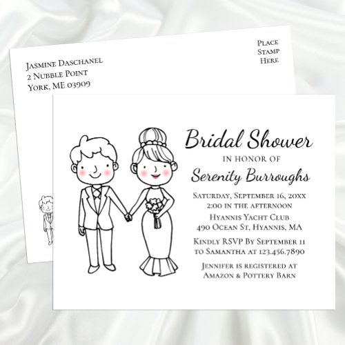 Cartoon Bride Groom Whimsical Bridal Shower  Invitation Postcard