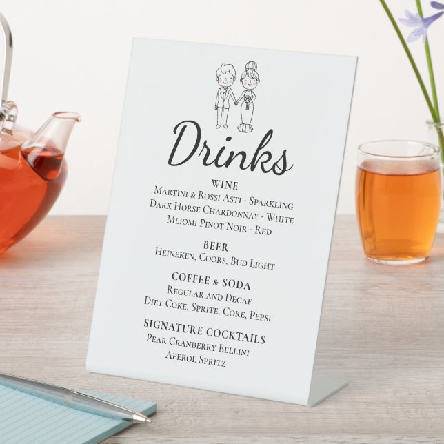 Cartoon Bride Groom Whimsical Wedding Drinks Bar Pedestal Sign (In SItu)