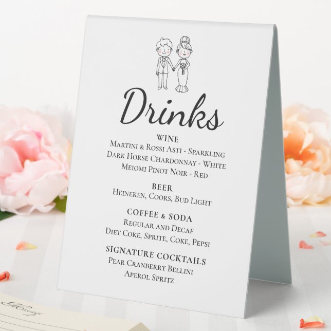 Cartoon Bride Groom Whimsical Wedding Drinks Bar Table Tent (In SItu (Wedding))