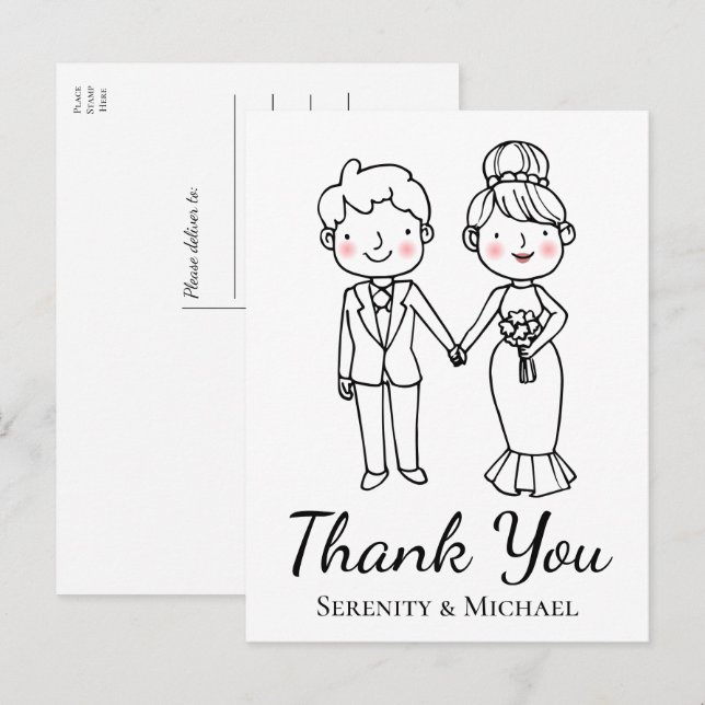 Cartoon Bride Groom Whimsical Wedding Thank You Postcard (Front/Back)