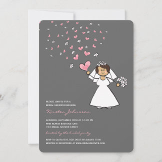 Cartoon Bride Pink Hearts Flowers Bridal Shower Invitation