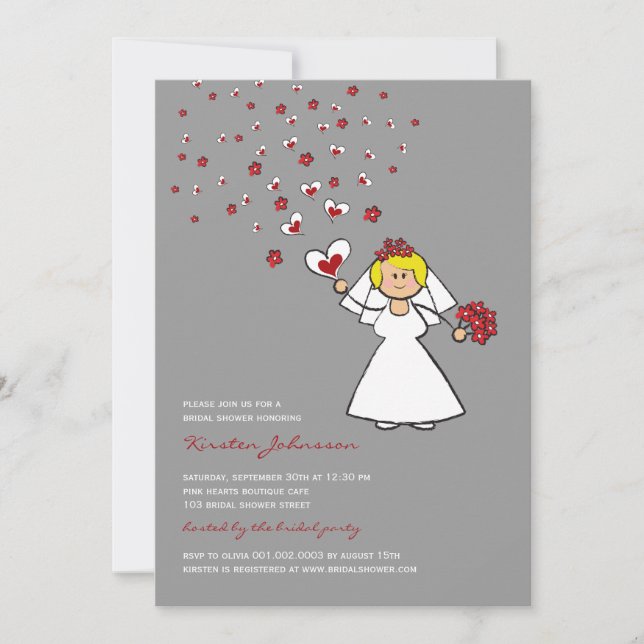 Cartoon Bride Red Hearts Flowers Bridal Shower Invitation (Front)