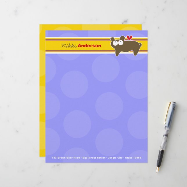 Cartoon Brown Bear Purple Dots Fun Kids Children Letterhead (Front/Back In Situ)