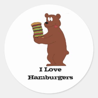 Cartoon Brown Bear With Huge Hamburger Classic Rou Classic Round Sticker
