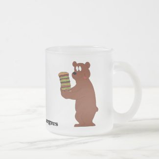 Cartoon Brown Bear With Huge Hamburger Frosted Gla Frosted Glass Coffee Mug