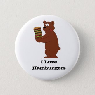 Cartoon Brown Bear With Huge Hamburger Pinback But Button