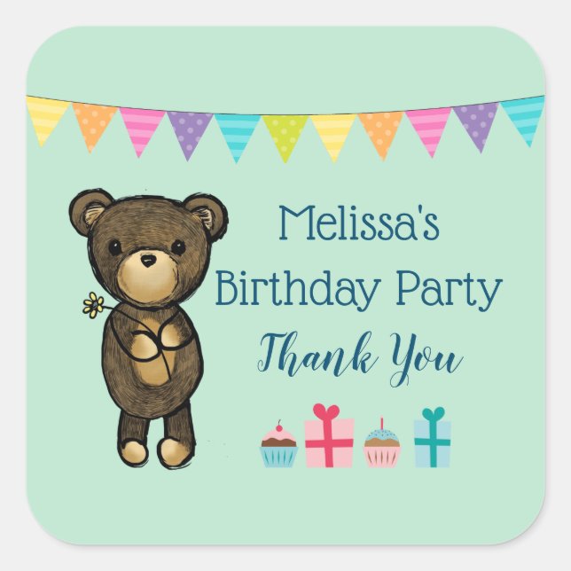Cartoon Brown Bear with Yellow Flower Party Thanks Square Sticker (Front)