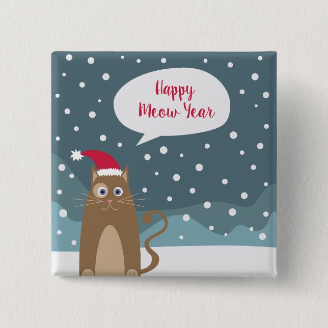 Cartoon brown kitty wears santa hat in snow forest button (Front)