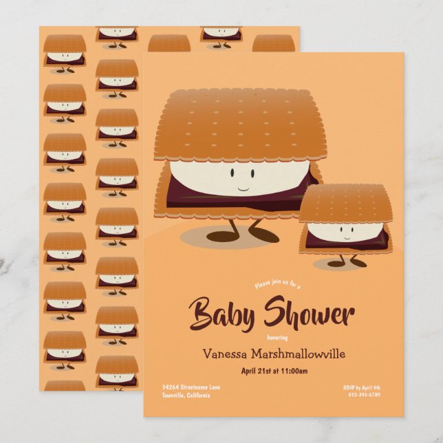 Cartoon Brown White S’more Character Baby Shower Invitation (Front/Back)