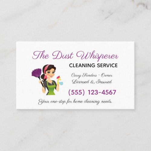 Cartoon Brunette Maid House Cleaning Service Business Card