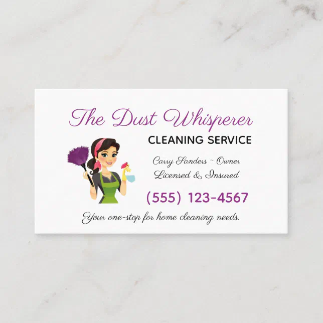 Cartoon Brunette Maid House Cleaning Service Business Card | Zazzle