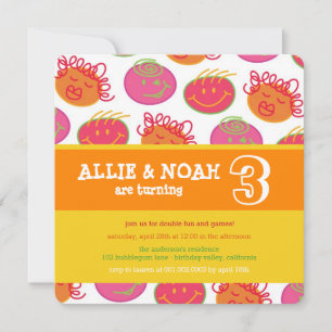 Cartoon Bubblegum Face Twins Birthday Photo Invite